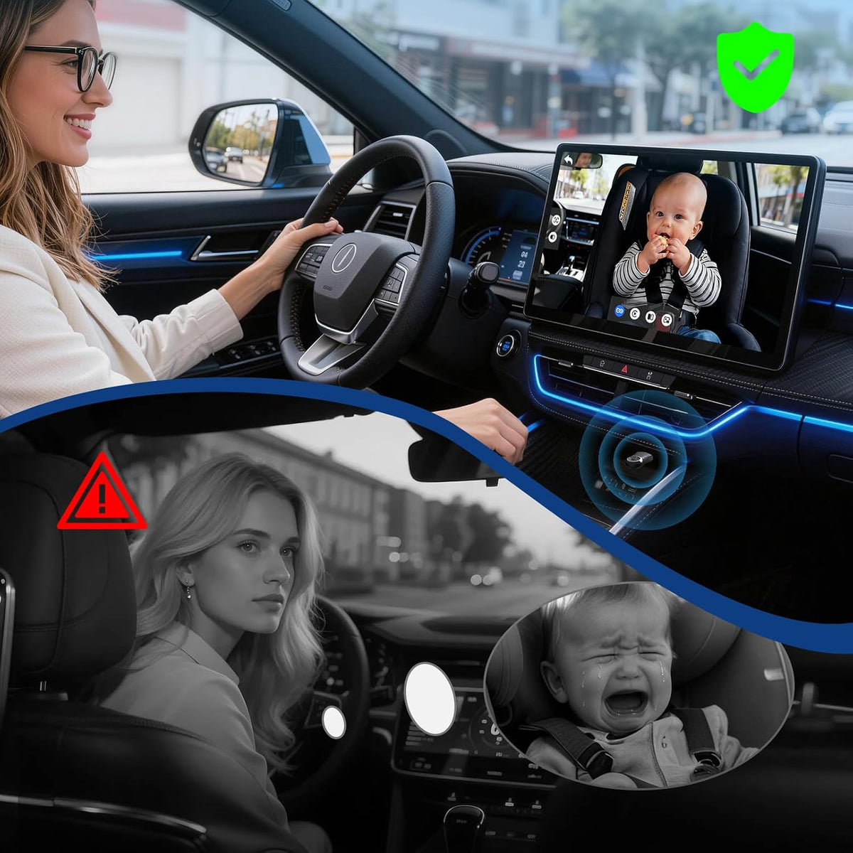 Parent driving with the NestView screen showing the baby asleep in the back